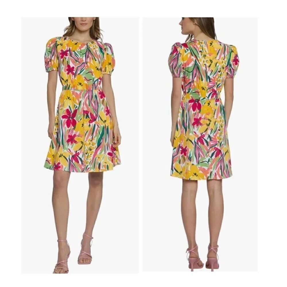 Maggy London Short Puff Sleeves A-line Pockets